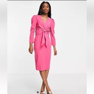 ASOS Little Mistress puff shoulder tie front detail midi dress